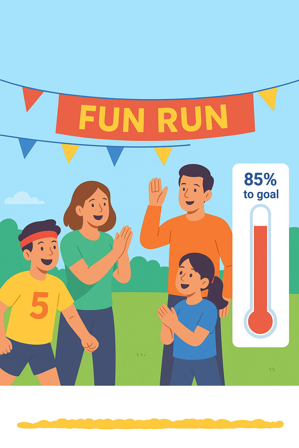 Community fundraising event scene showing kids running with Fun Run sign, parents cheering, and fundraising thermometer at 85% to goal